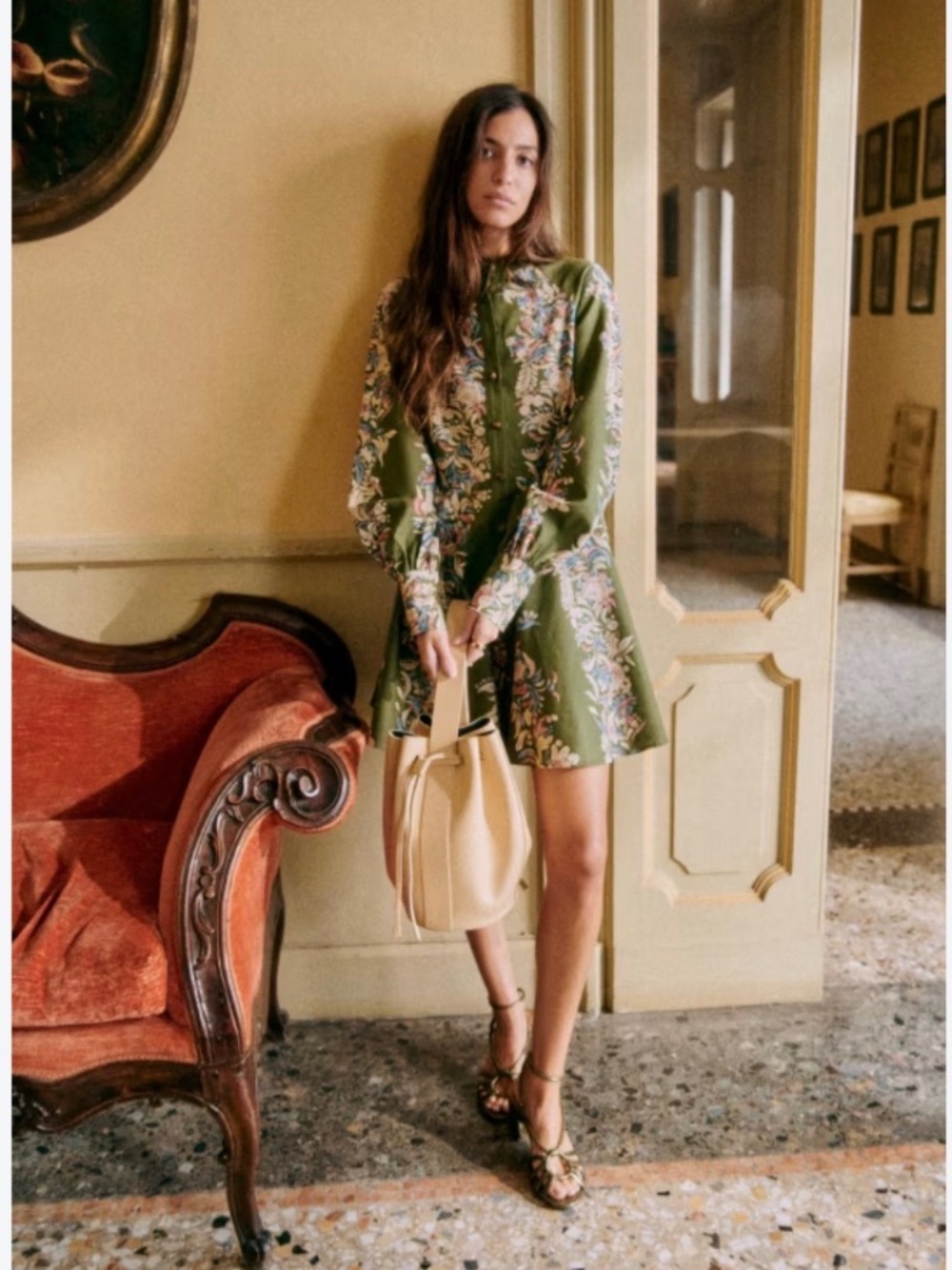 Sézane Caprice Dress Floral Border Print Long Sleeve Mini Size 34